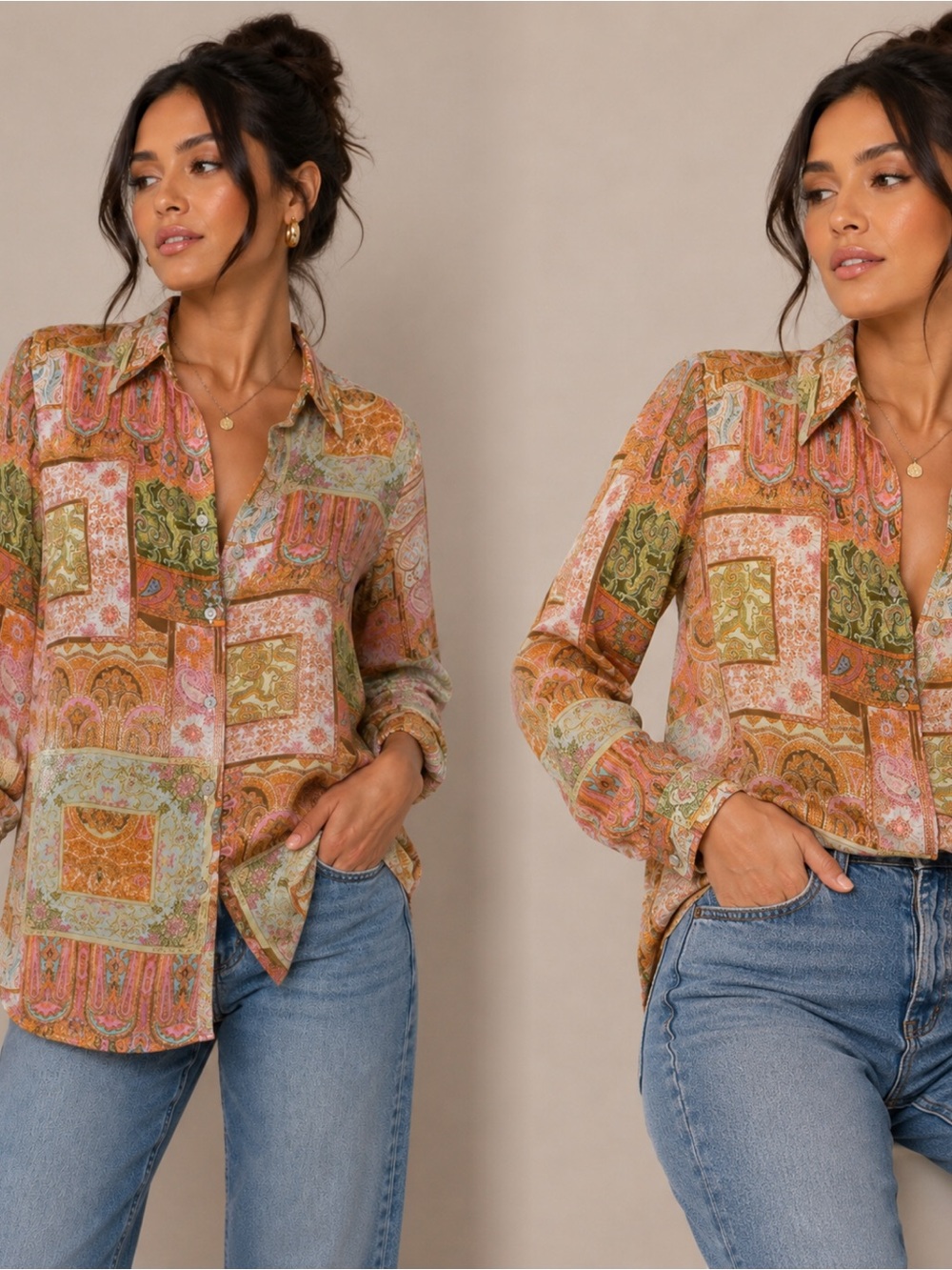 Women’s Patchwork Print Button-Up Shirt - Pink & Green